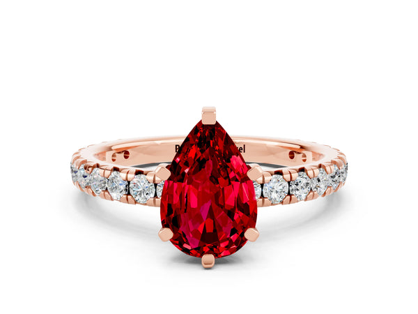 Rose gold Pear Cut Ruby Pavé Solitaire Ring with Round Band and Prong Setting
