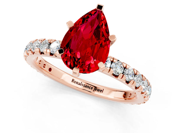 Rose gold Pear Cut Ruby Pavé Solitaire Ring with Round Band and Prong Setting