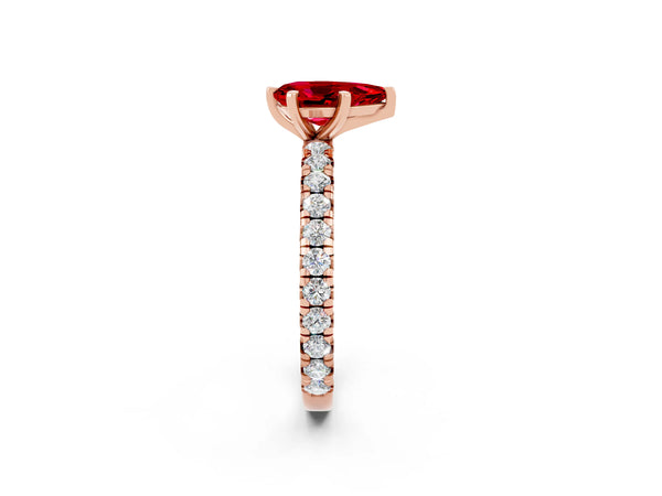 Rose gold Pear Cut Ruby Pavé Solitaire Ring with Round Band and Prong Setting