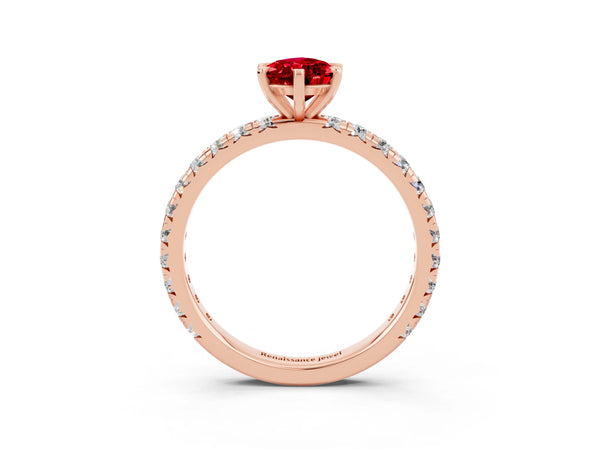 Rose gold Pear Cut Ruby Pavé Solitaire Ring with Round Band and Prong Setting