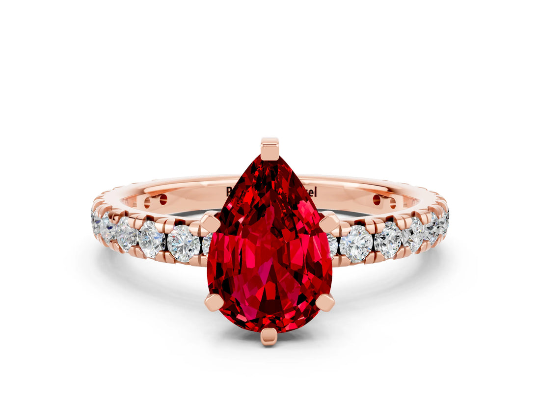 Rose gold Pear Cut Ruby Pavé Solitaire Ring with Round Band and Prong Setting_24