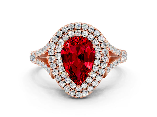 Rose gold Pear Cut Ruby Pavé Split Shank Double Halo Engagement Ring