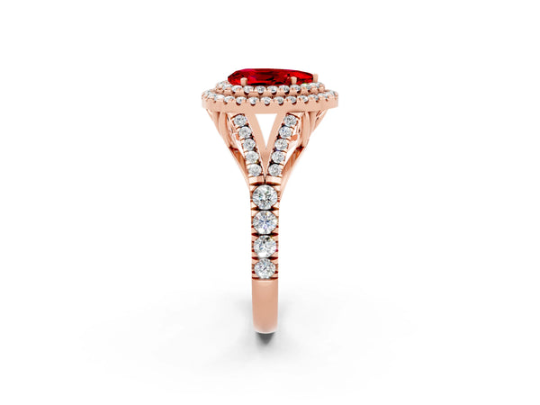 Rose gold Pear Cut Ruby Pavé Split Shank Double Halo Engagement Ring