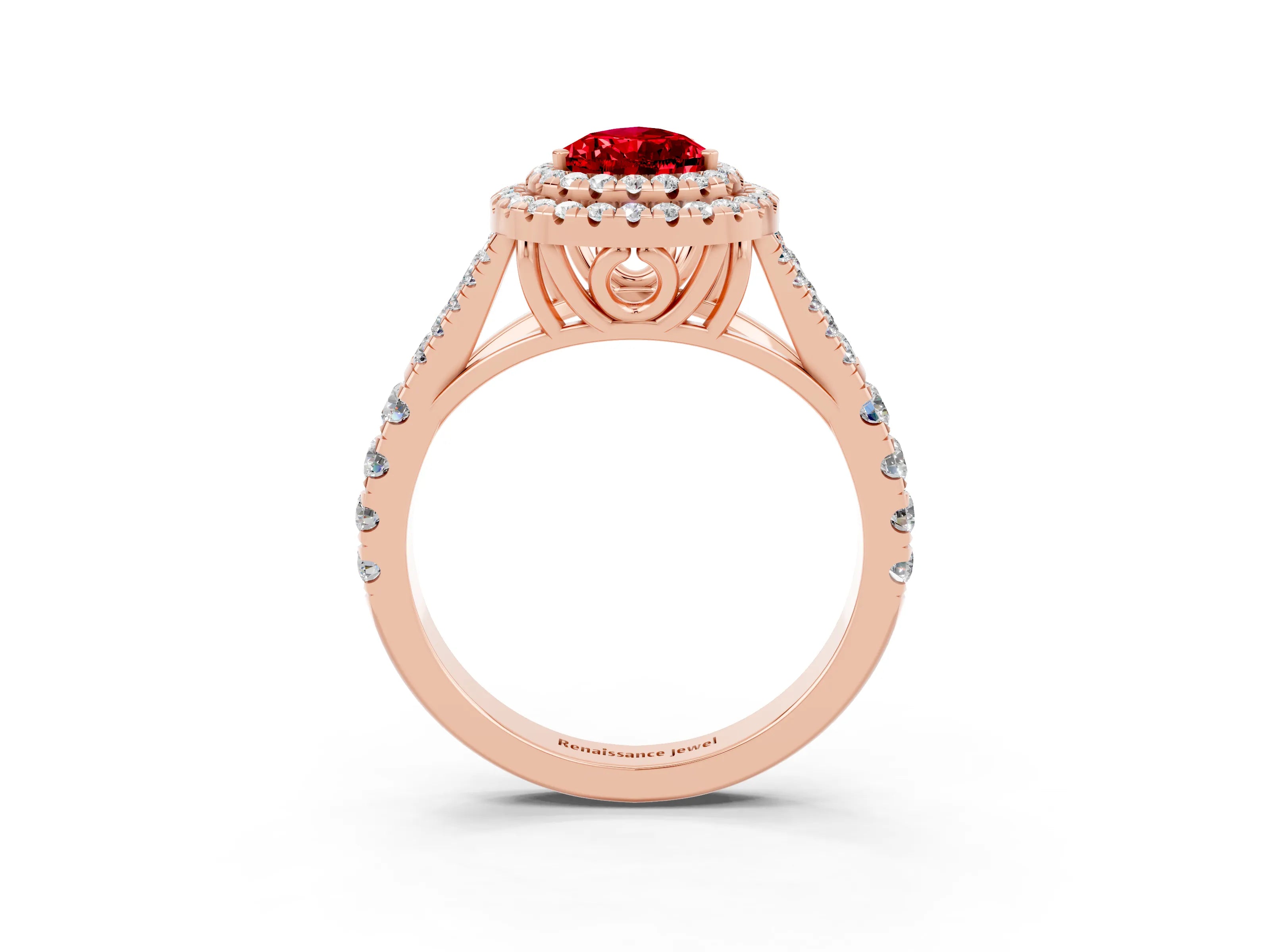 Rose gold Pear Cut Ruby Pavé Split Shank Double Halo Engagement Ring_3