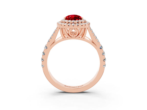 Rose gold Pear Cut Ruby Pavé Split Shank Double Halo Engagement Ring