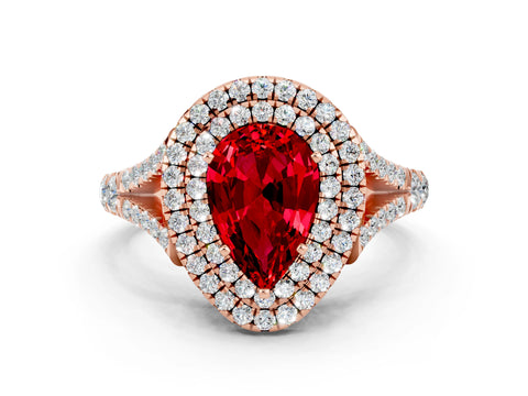 Rose gold Pear Cut Ruby Pavé Split Shank Double Halo Engagement Ring
