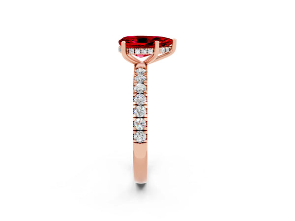 Rose gold Pear Cut Ruby Pave Band Solitaire Ring with Round  and Prong Setting