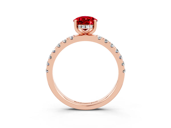 Rose gold Pear Cut Ruby Pave Band Solitaire Ring with Round  and Prong Setting