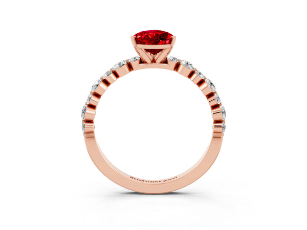 Rose gold Pear Cut Ruby Prong Set Engagement Ring with Pavé Band