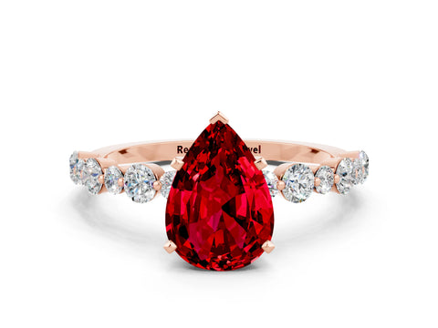 Rose gold Pear Cut Ruby Prong Set Engagement Ring with Pavé Band