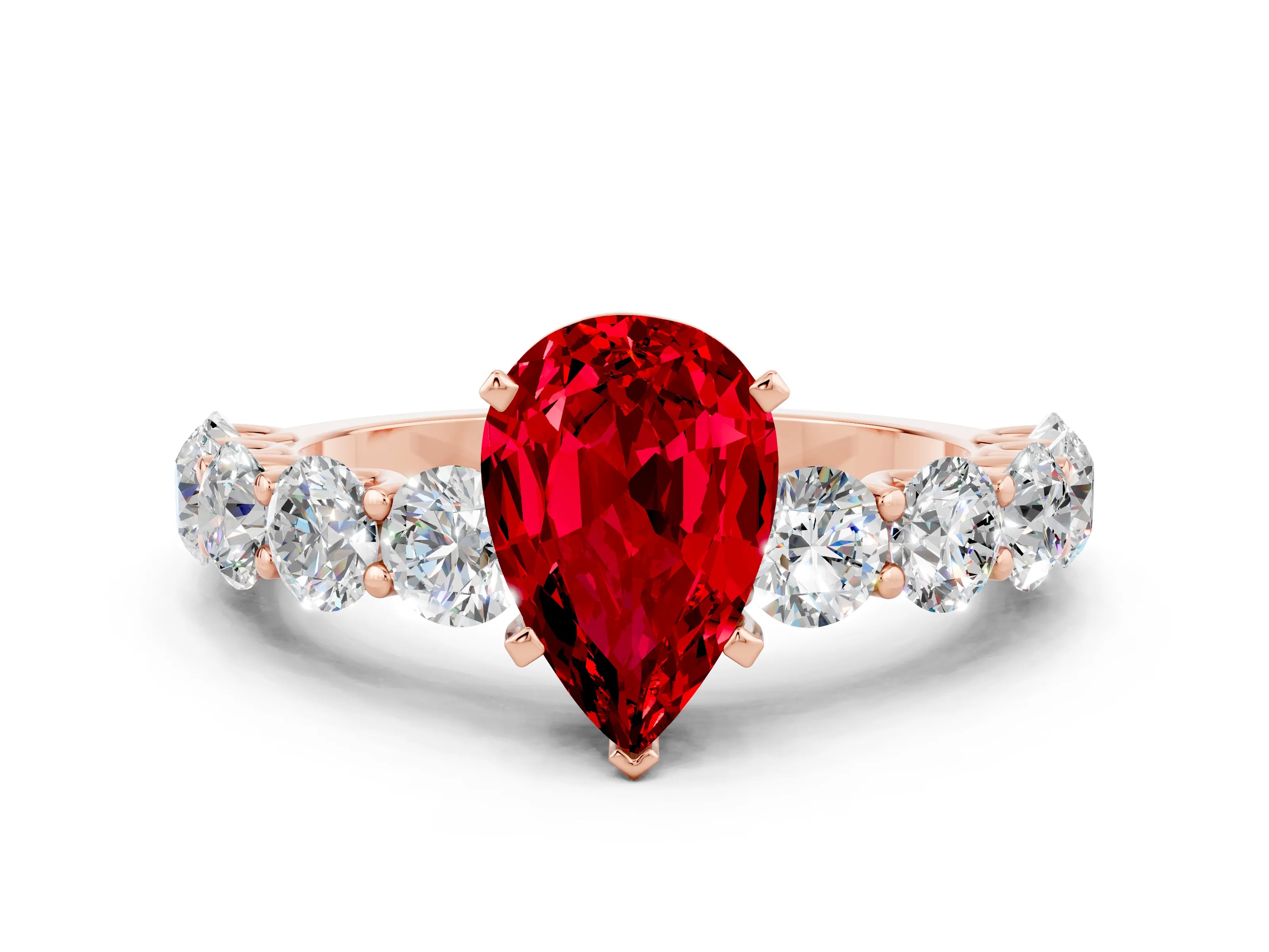 Rose gold Pear Cut Ruby Prong Setting with Side Stones on a Pave Band