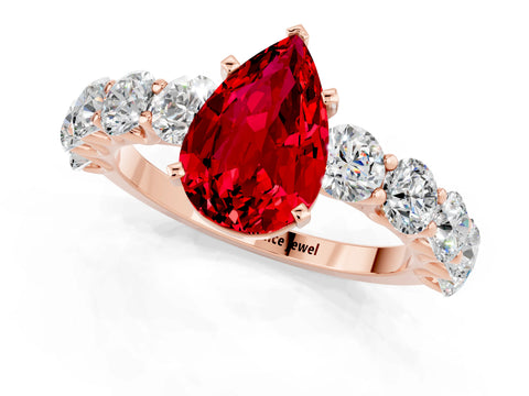 Rose gold Pear Cut Ruby Prong Setting with Side Stones on a Pave Band_1