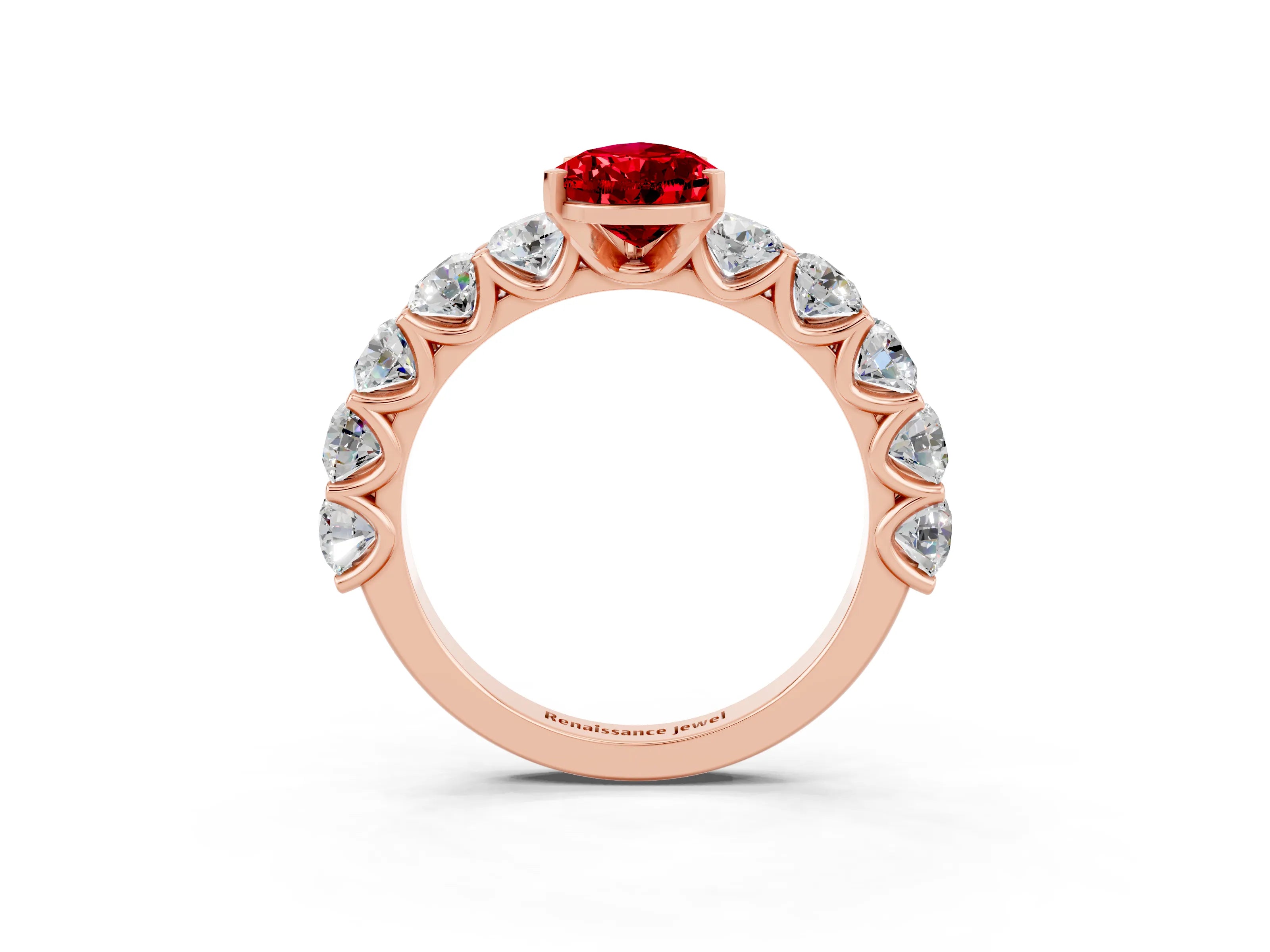 Rose gold Pear Cut Ruby Prong Setting with Side Stones on a Pave Band_3