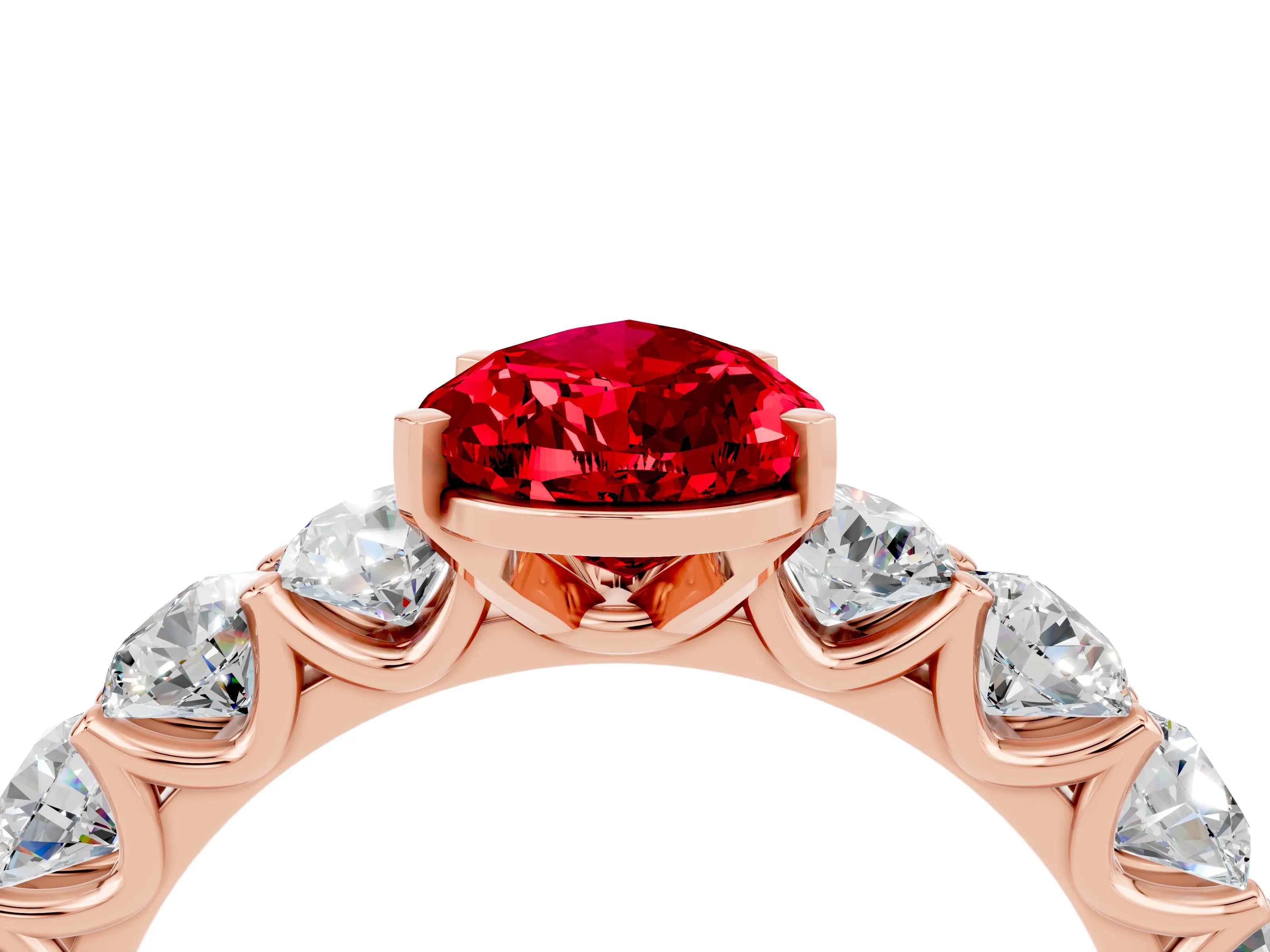 Rose gold Pear Cut Ruby Prong Setting with Side Stones on a Pave Band_4
