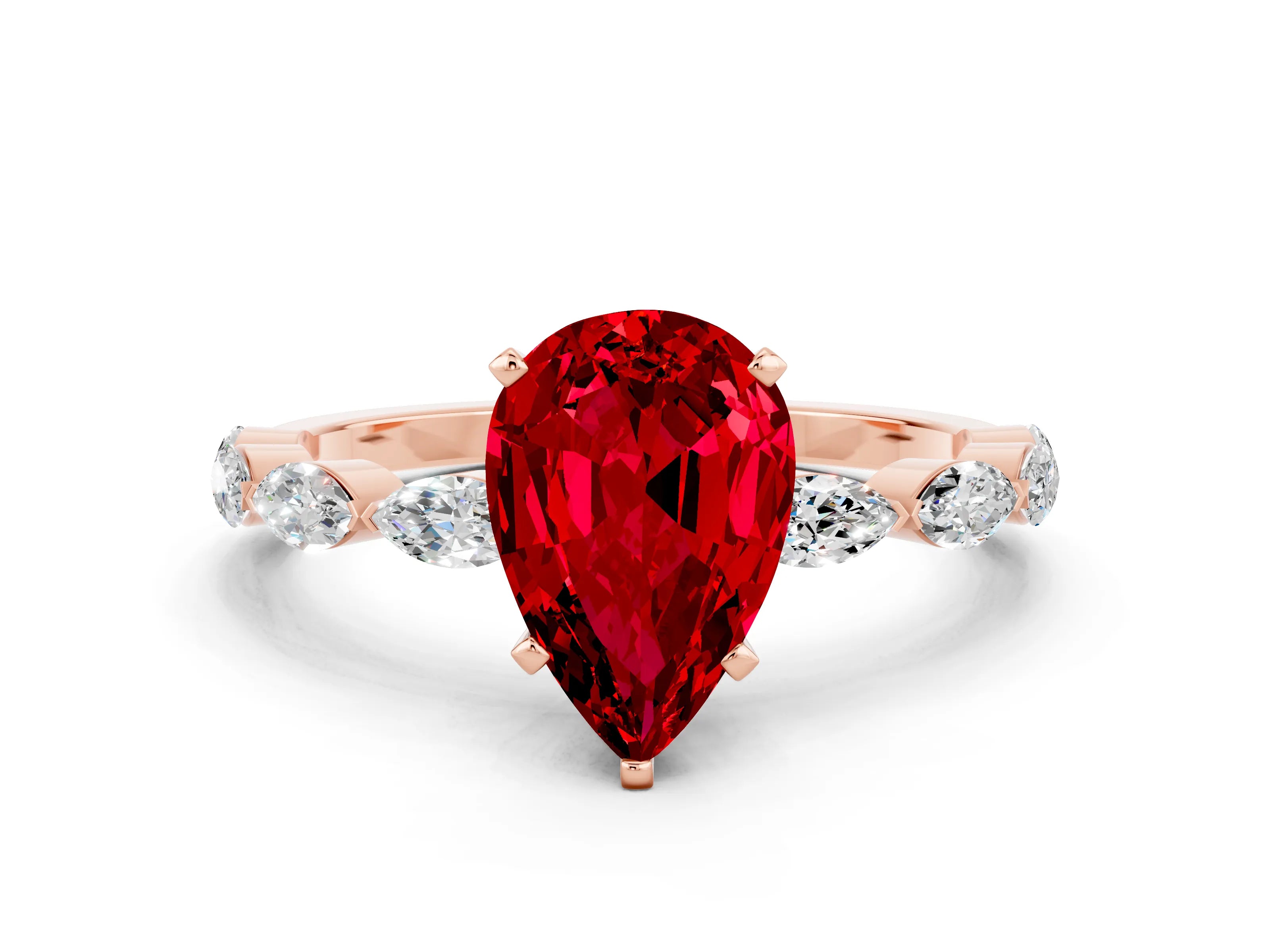 Rose gold Pear Cut Ruby Ring with Marquise Side Stones and Prong Setting