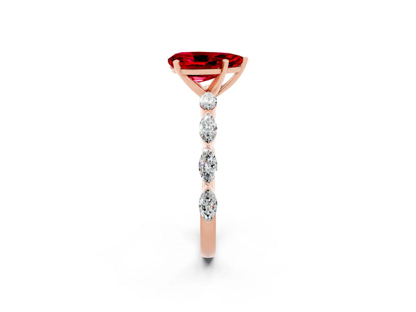 Rose gold Pear Cut Ruby Ring with Marquise Side Stones and Prong Setting