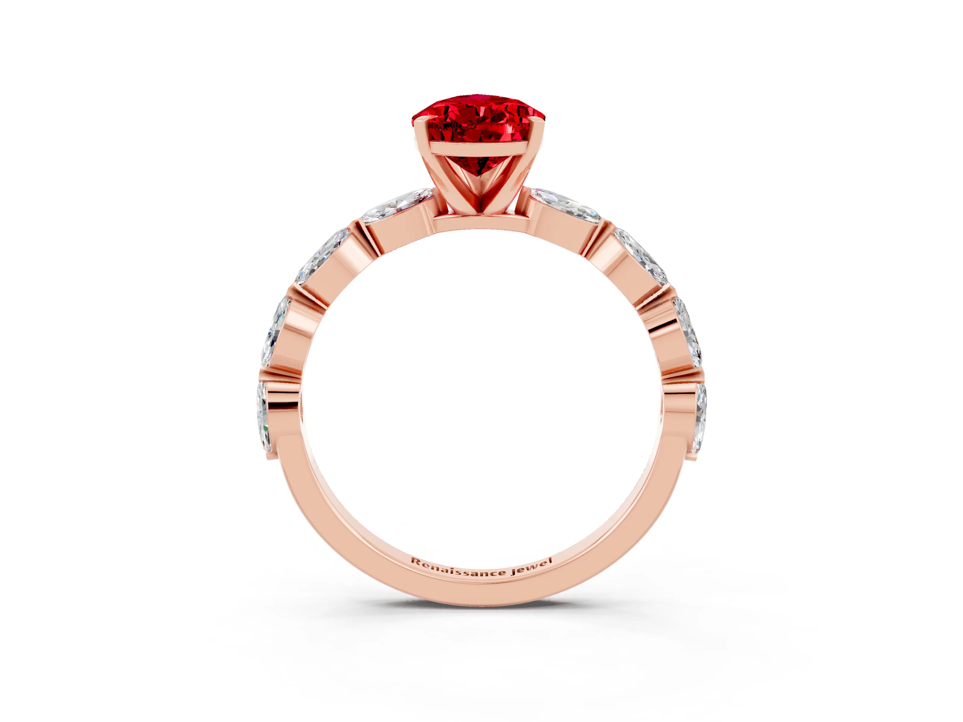 Rose gold Pear Cut Ruby Ring with Marquise Side Stones and Prong Setting_3