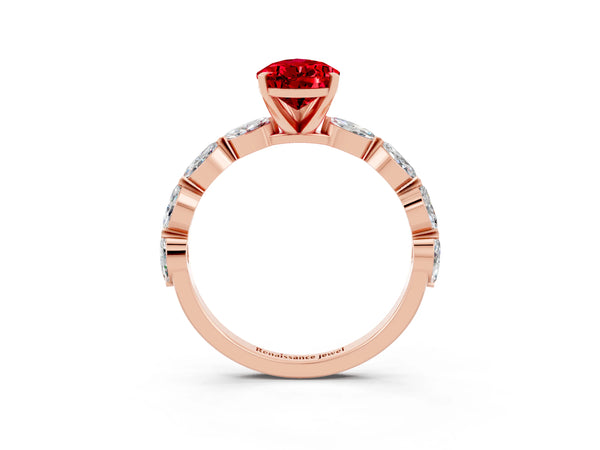 Rose gold Pear Cut Ruby Ring with Marquise Side Stones and Prong Setting