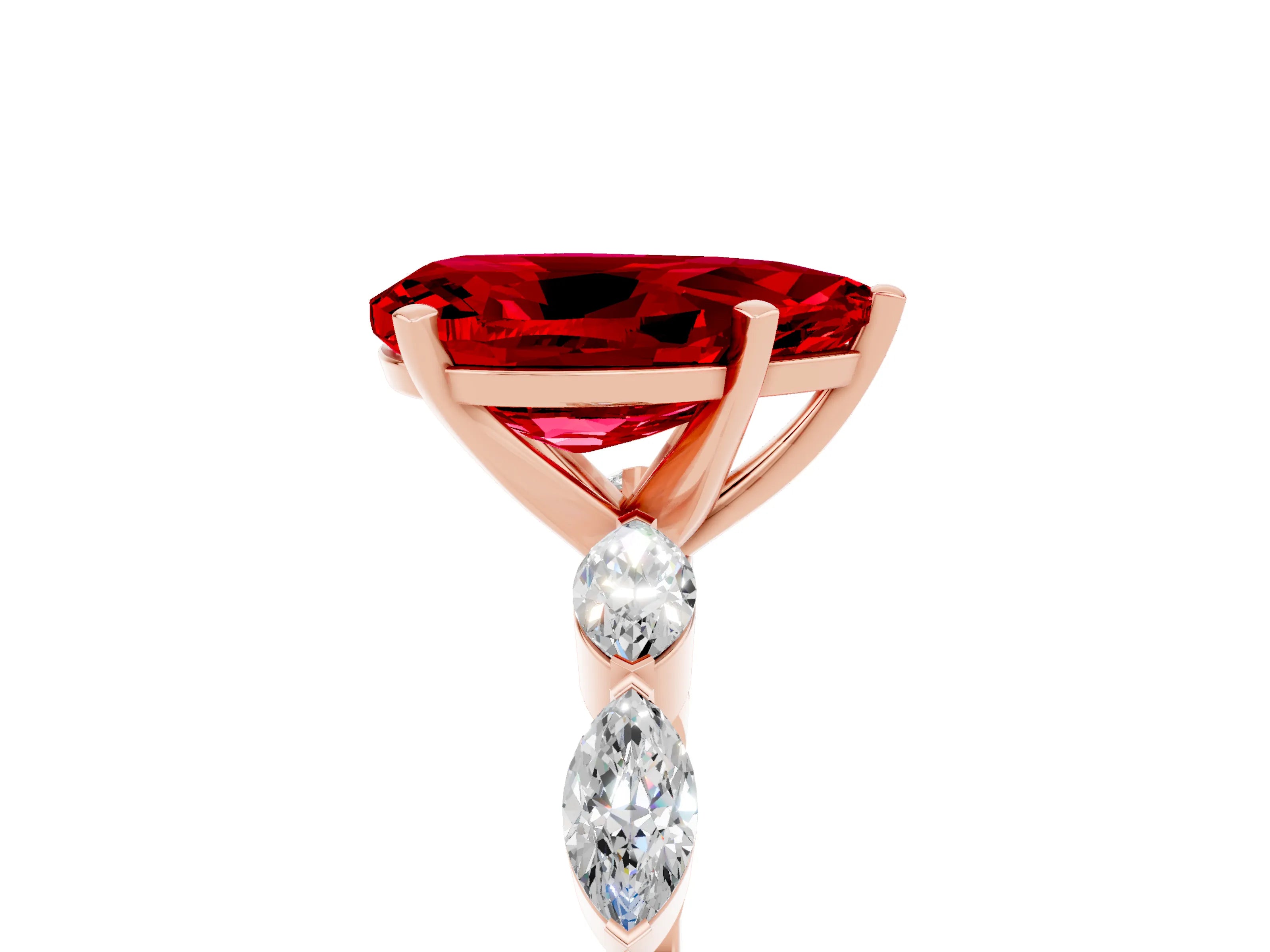 Rose gold Pear Cut Ruby Ring with Marquise Side Stones and Prong Setting_5