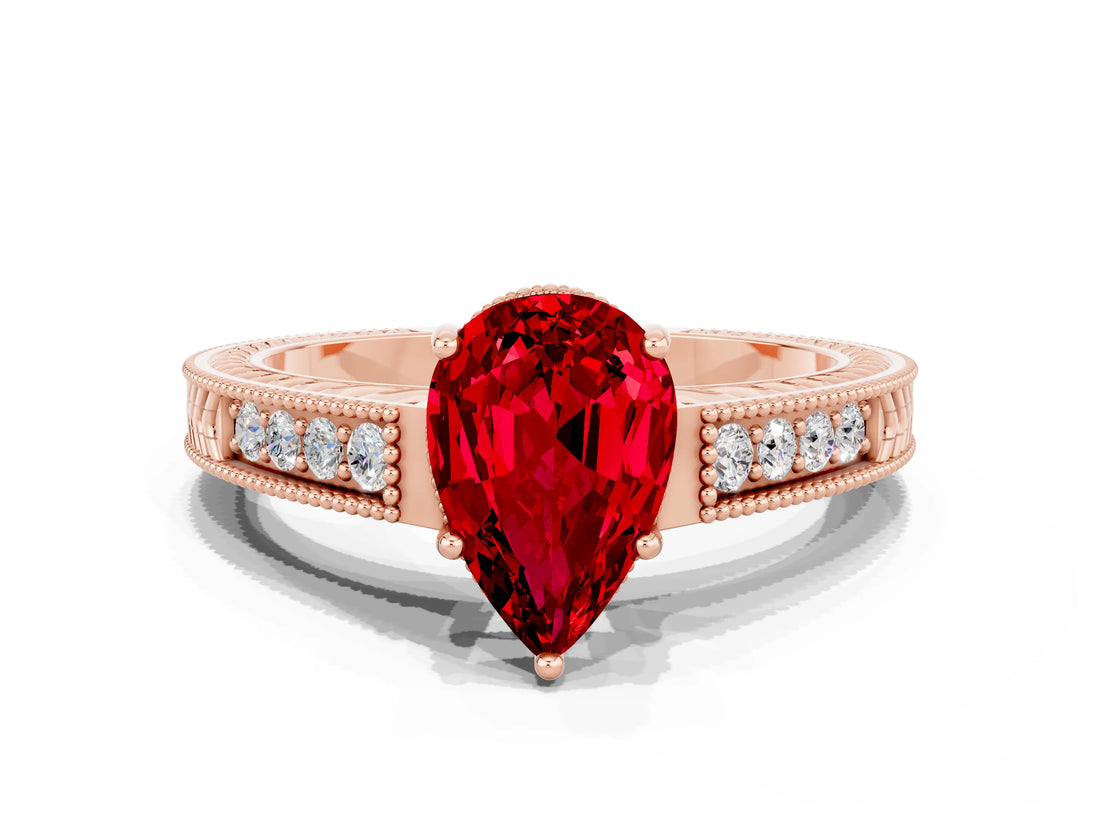 Rose gold Pear Cut Ruby Ring with Milgrain Pavé Band and Four-Prong Setting_12