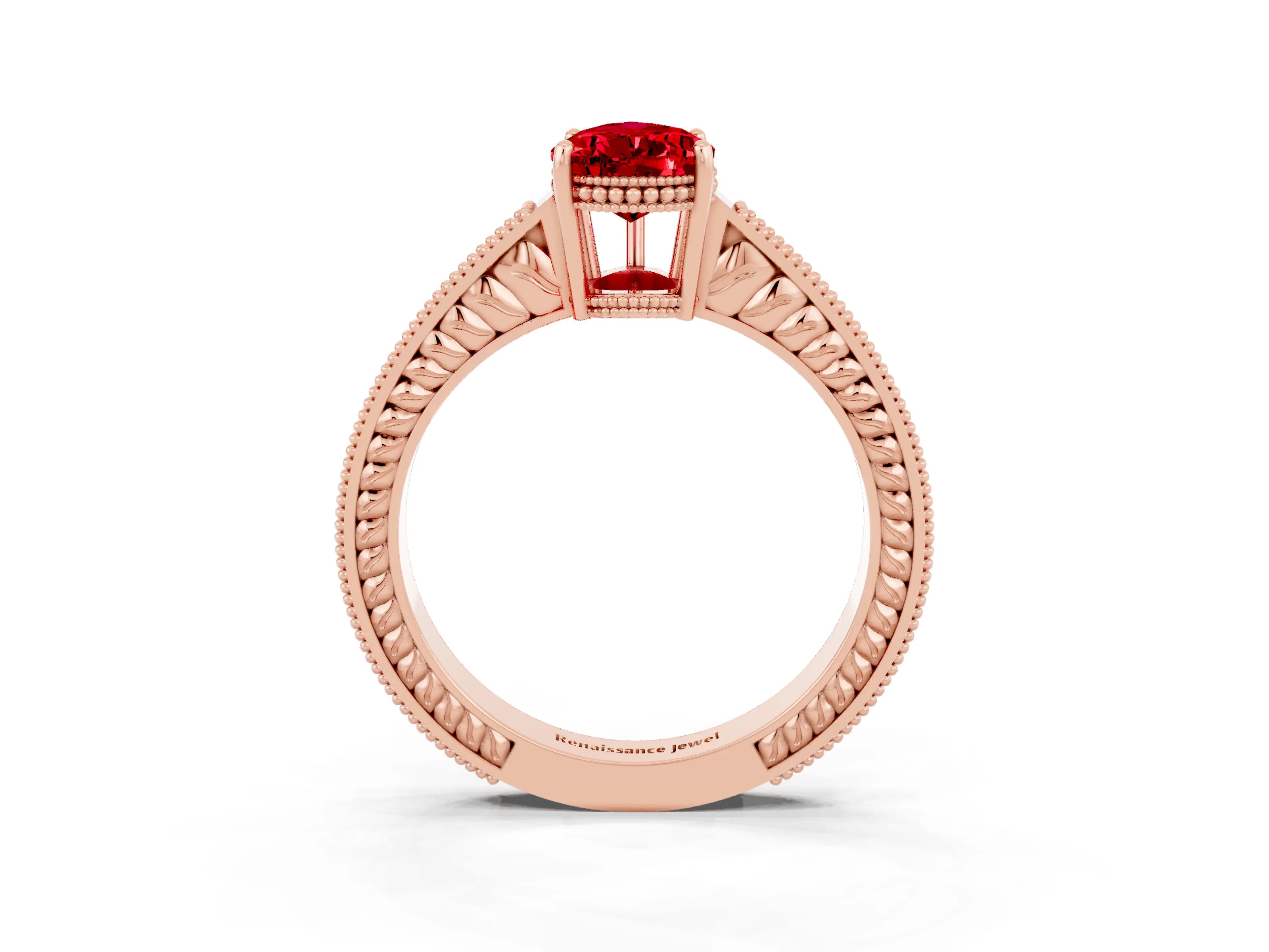 Rose gold Pear Cut Ruby Ring with Milgrain Pavé Band and Four-Prong Setting_15