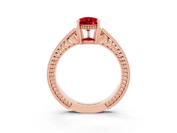 Rose gold Pear Cut Ruby Ring with Milgrain Pavé Band and Four-Prong Setting