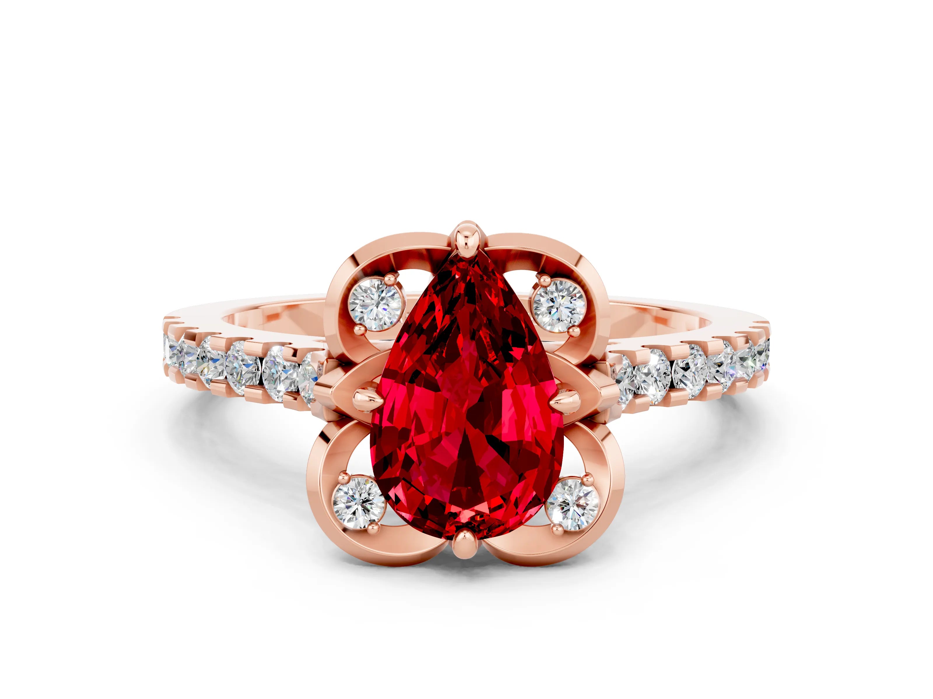 Rose gold Pear Cut Ruby Ring with Pavé Band and Floral Prong Setting