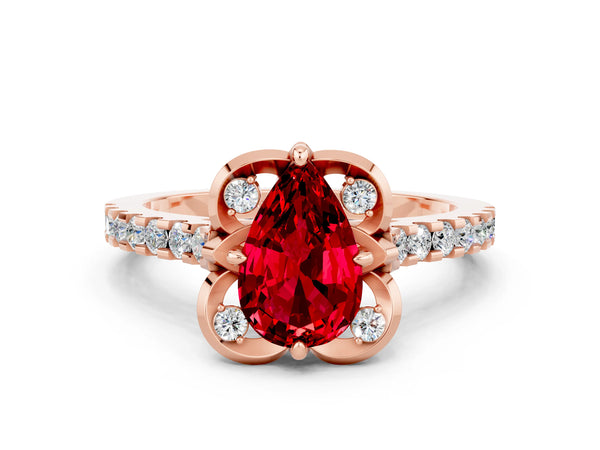 Rose gold Pear Cut Ruby Ring with Pavé Band and Floral Prong Setting