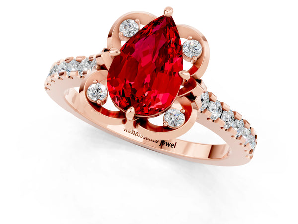 Rose gold Pear Cut Ruby Ring with Pavé Band and Floral Prong Setting