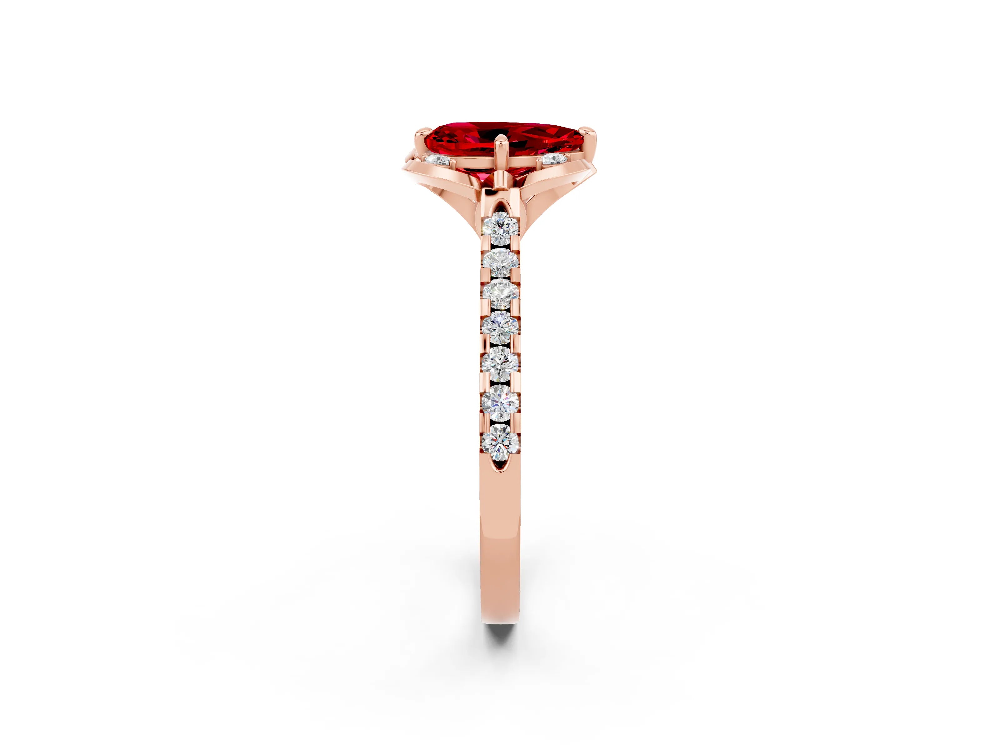 Rose gold Pear Cut Ruby Ring with Pavé Band and Floral Prong Setting_2