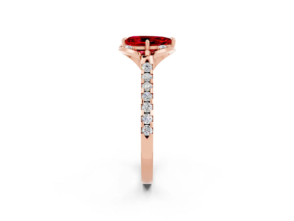 Rose gold Pear Cut Ruby Ring with Pavé Band and Floral Prong Setting