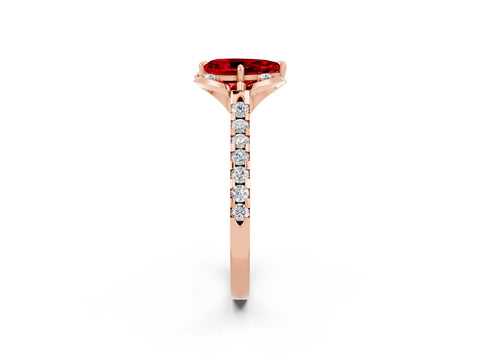 Rose gold Pear Cut Ruby Ring with Pavé Band and Floral Prong Setting_2