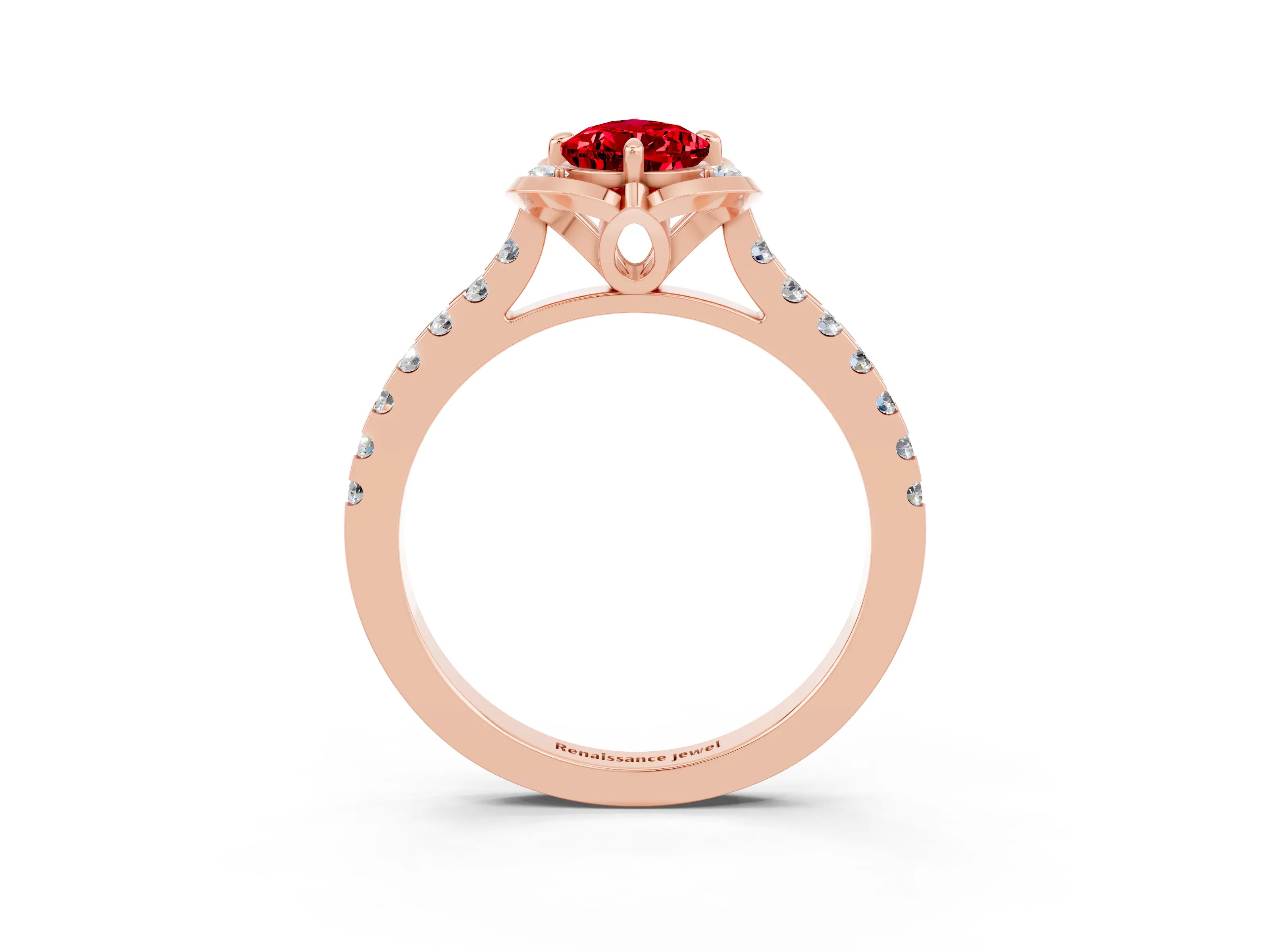 Rose gold Pear Cut Ruby Ring with Pavé Band and Floral Prong Setting_3