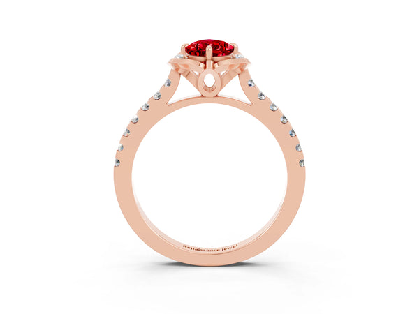 Rose gold Pear Cut Ruby Ring with Pavé Band and Floral Prong Setting