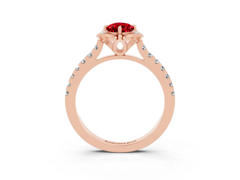 Rose gold Pear Cut Ruby Ring with Pavé Band and Floral Prong Setting_3