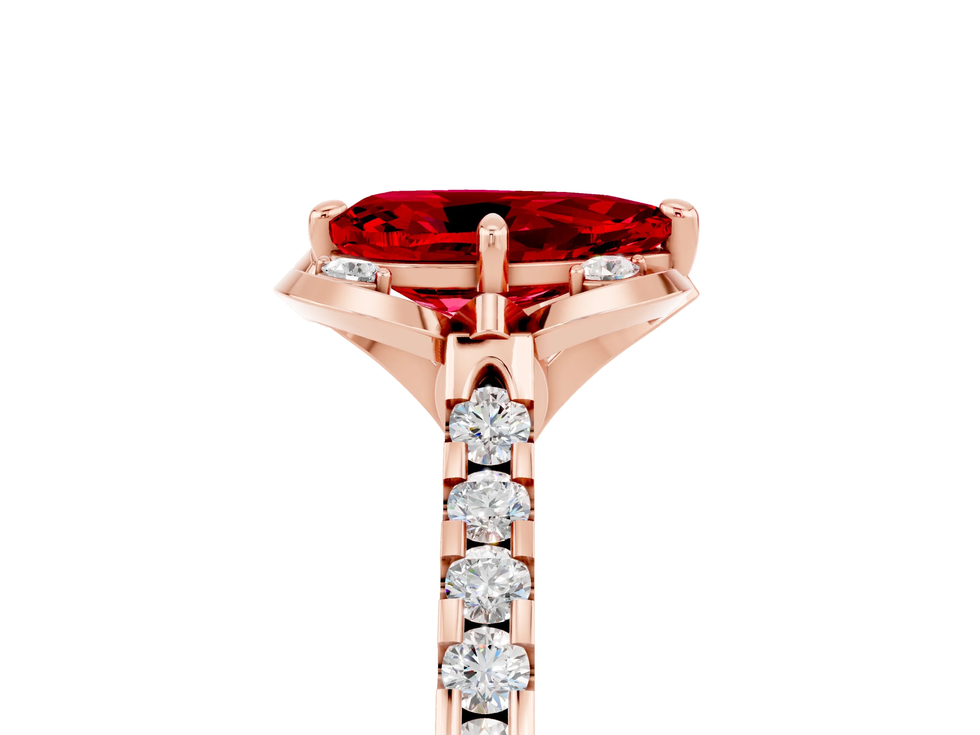 Rose gold Pear Cut Ruby Ring with Pavé Band and Floral Prong Setting_5
