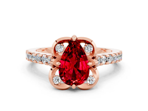 Rose gold Pear Cut Ruby Ring with Pavé Band and Floral Prong Setting