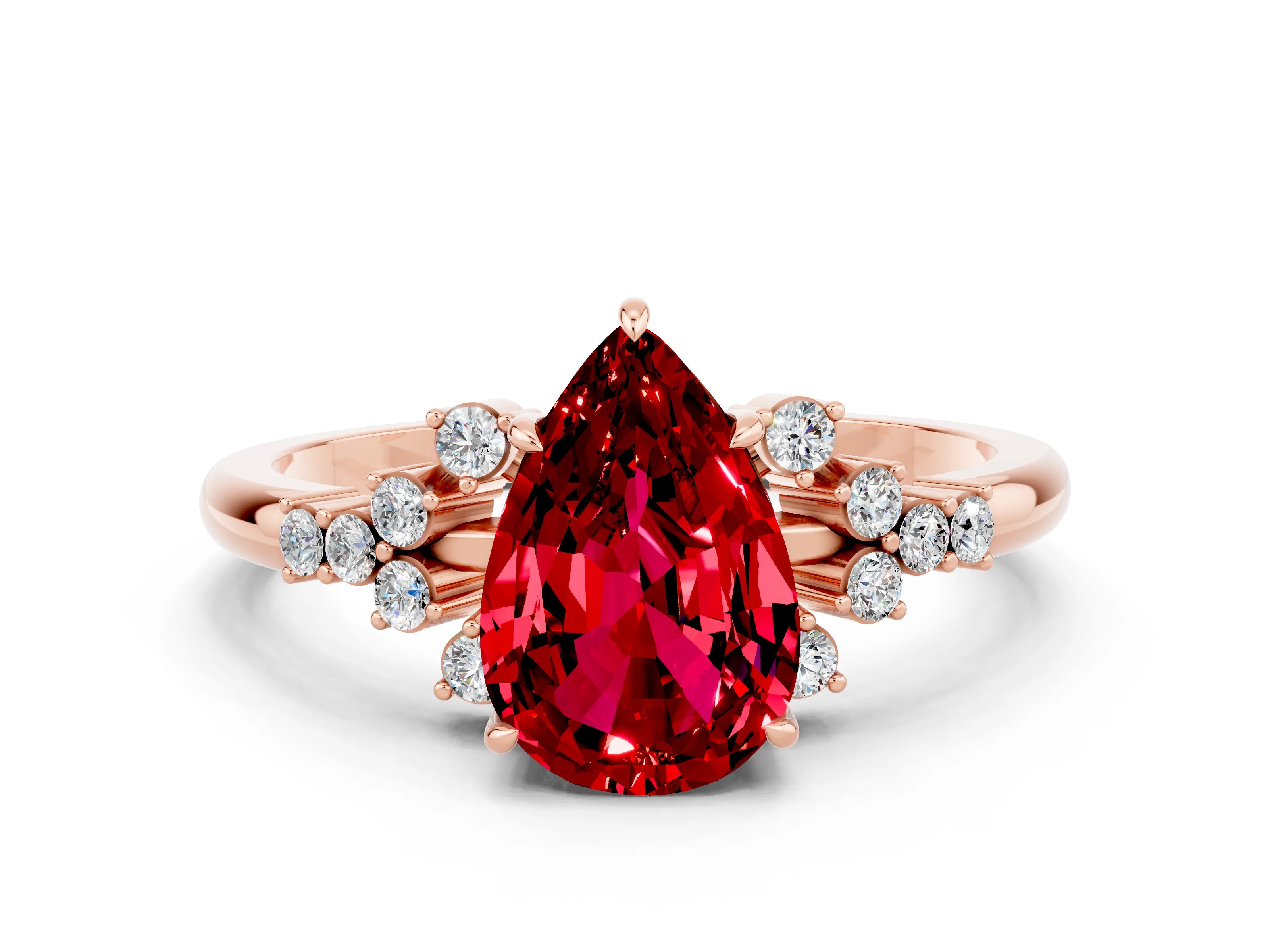 Rose gold Pear Cut Ruby Ring with Side Stones and Four-Prong Setting_36