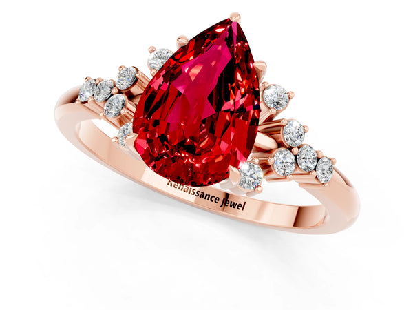 Rose gold Pear Cut Ruby Ring with Side Stones and Four-Prong Setting