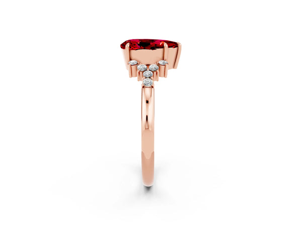 Rose gold Pear Cut Ruby Ring with Side Stones and Four-Prong Setting