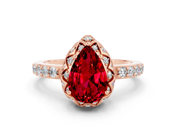 Rose gold Pear Cut Ruby Scalloped Halo Engagement Ring with Round Shared Prong Band