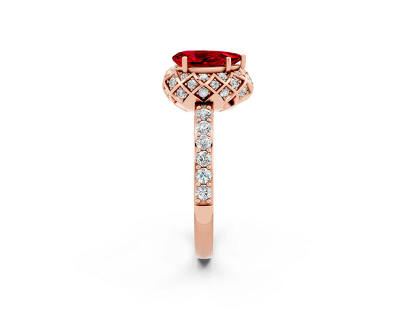 Rose gold Pear Cut Ruby Scalloped Halo Engagement Ring with Round Shared Prong Band