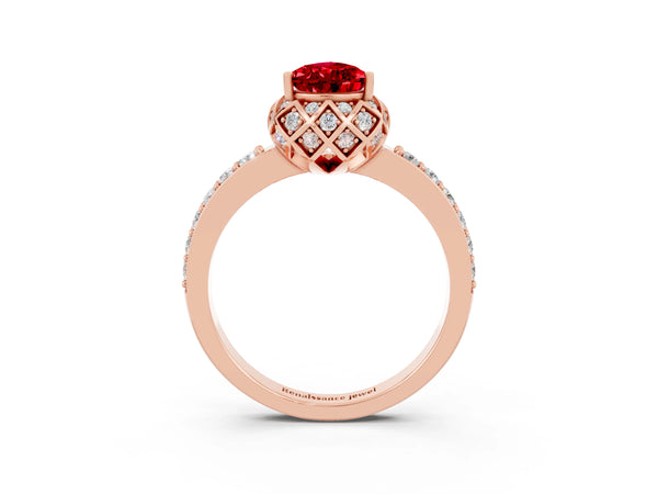 Rose gold Pear Cut Ruby Scalloped Halo Engagement Ring with Round Shared Prong Band