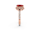 Rose gold Pear Cut Ruby Scalloped Halo Engagement Ring with Round Shared Prong Band_26