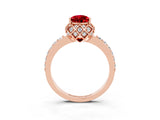 Rose gold Pear Cut Ruby Scalloped Halo Engagement Ring with Round Shared Prong Band_27