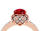 Rose gold Pear Cut Ruby Scalloped Halo Engagement Ring with Round Shared Prong Band_28