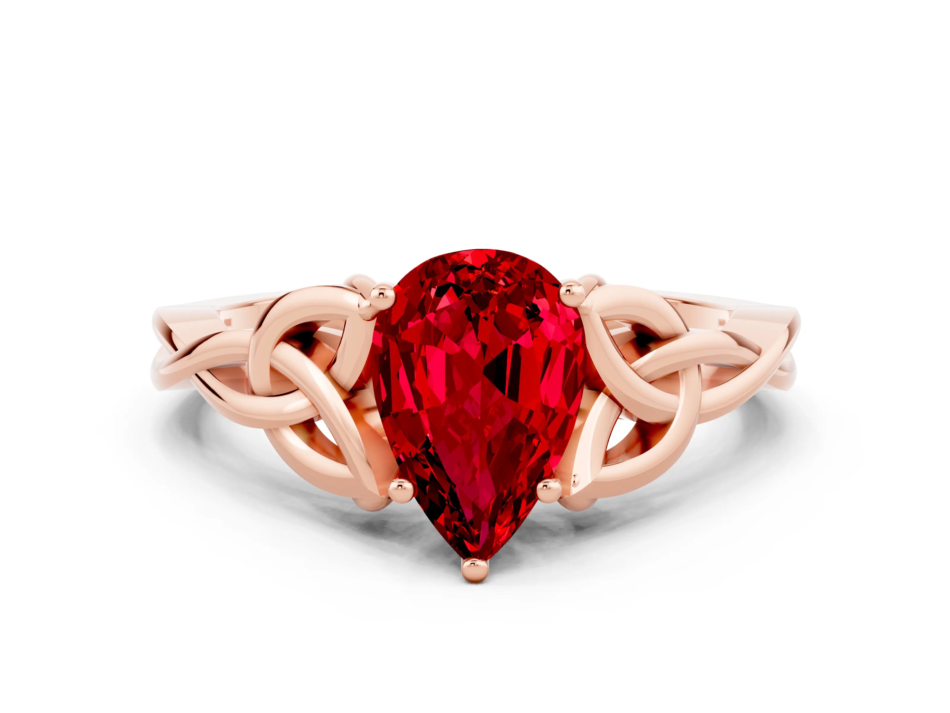 Rose gold Pear Cut Ruby Solitaire Celtic Knot Ring with Four-Prong Setting_12