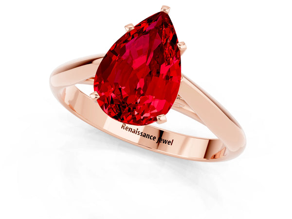 Rose gold Pear Cut Ruby Solitaire Engagement Ring with Cathedral Setting and Four-Prong Mount