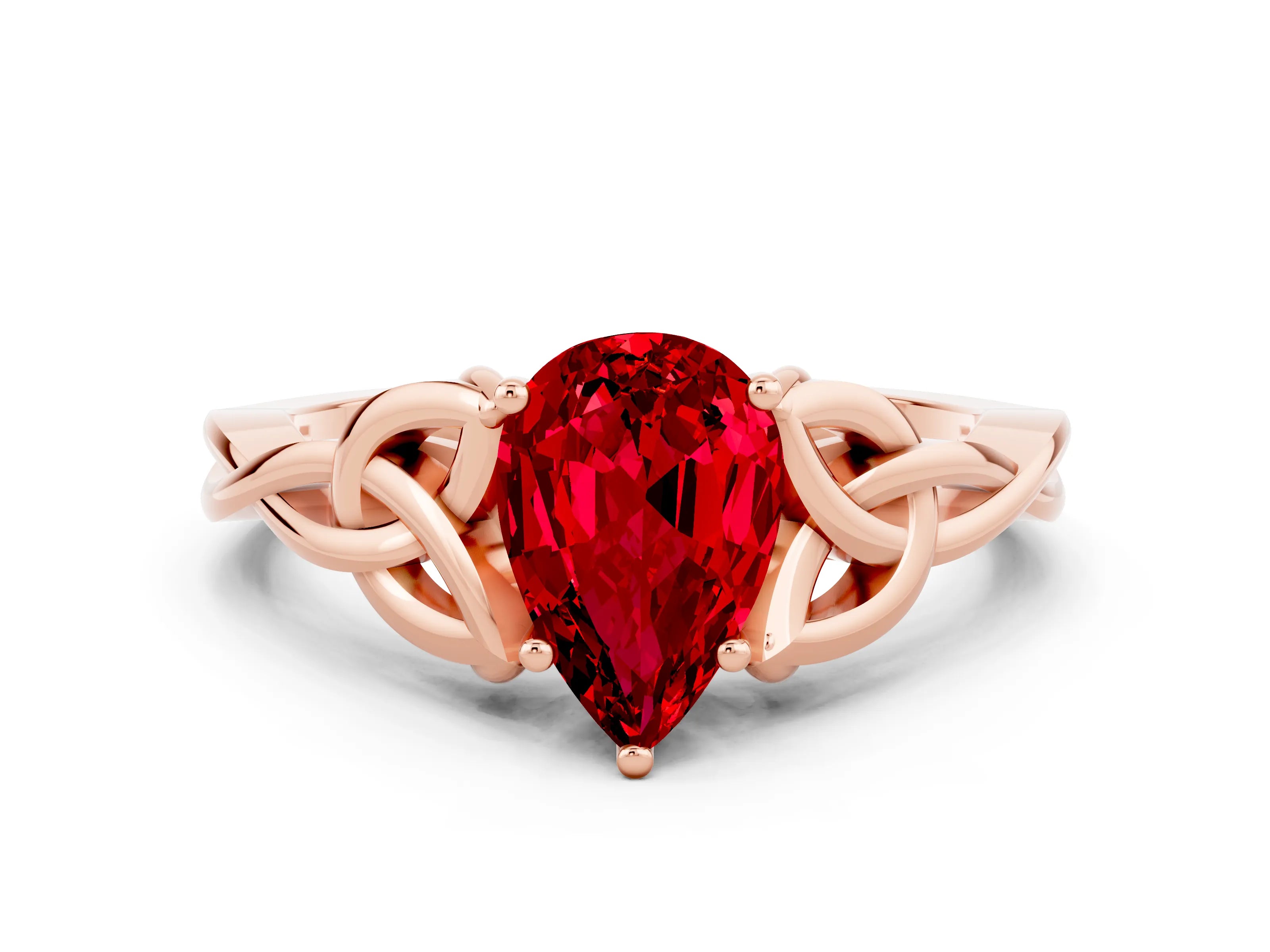 Rose gold Pear Cut Ruby Solitaire Engagement Ring with Celtic Knot Band and Four-Prong Setting