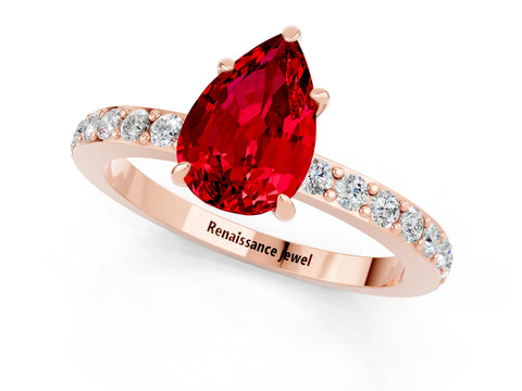 Rose gold Pear Cut Ruby Solitaire Engagement Ring with Pavé Band and Four-Prong Setting_1